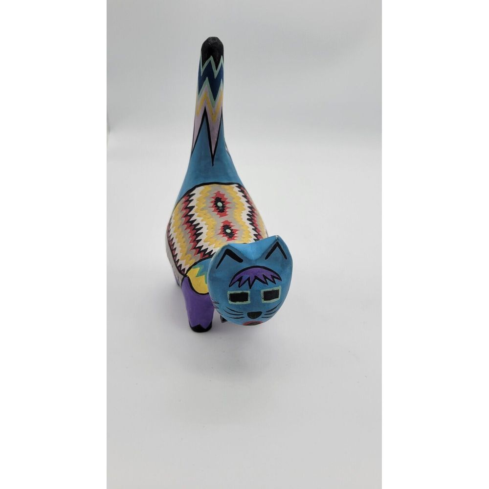 Hand Painted Wood Cat Mexican Folk Art with fish necklace Gato